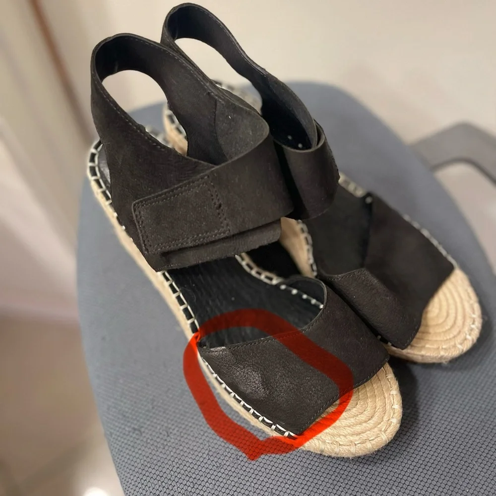 Eileen Fisher Black Wedge Leather Espadrille Sandals with Ankle Strap